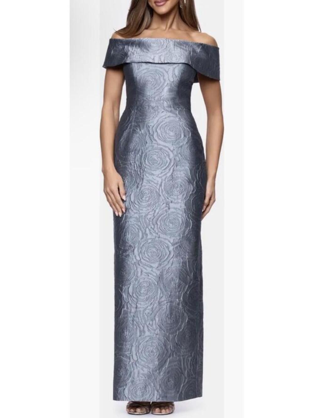 New Xscape Evenings Metallic Jacquard Off the Shoulder Gown In Slate Sz 10 $288